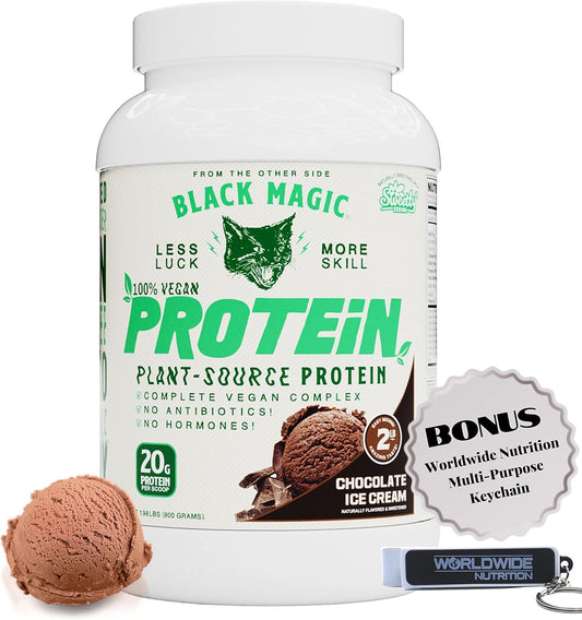 Black Magic Multi-Source Protein Bundle: Whey, Egg, Casein Complex with Enzymes & MCT Powder - Vegan Choco Ice Cream Flavor - 24g Protein - 2LB + Key Chain
