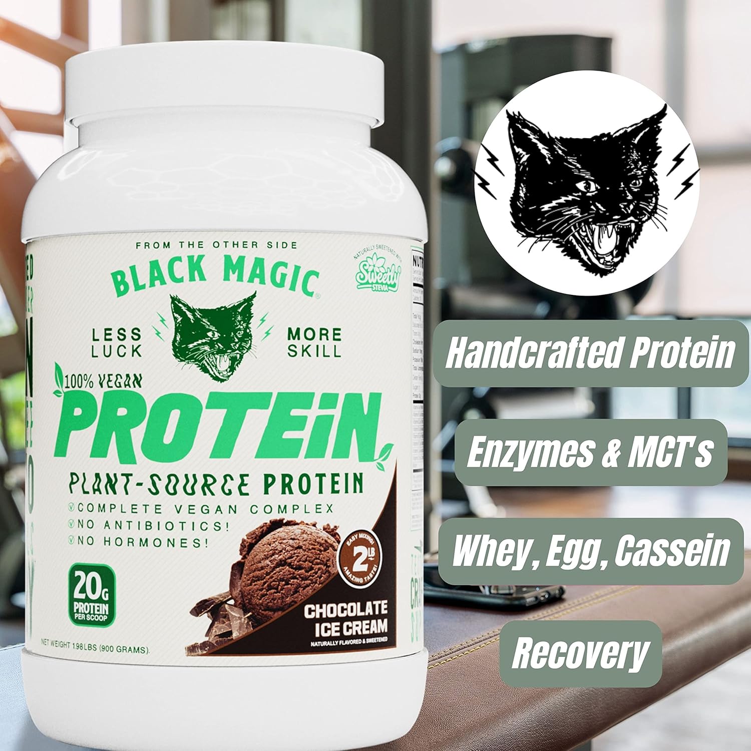 Black Magic Multi-Source Protein Bundle: Whey, Egg, Casein Complex with Enzymes & MCT Powder - Vegan Choco Ice Cream Flavor - 24g Protein - 2LB + Key Chain