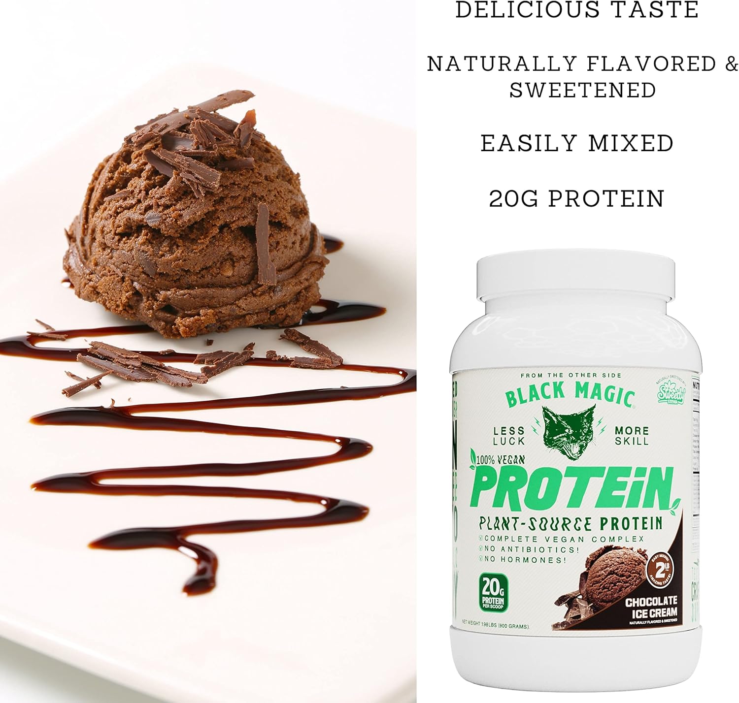 Black Magic Multi-Source Protein Bundle: Whey, Egg, Casein Complex with Enzymes & MCT Powder - Vegan Choco Ice Cream Flavor - 24g Protein - 2LB + Key Chain