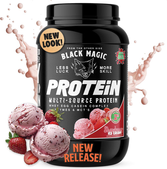 Black Magic Protein Powder - Whey, Egg, & Casein Complex with Enzymes & MCT - Pre & Post Workout - Strawberry Ice Cream - 24g Protein - 2 LB