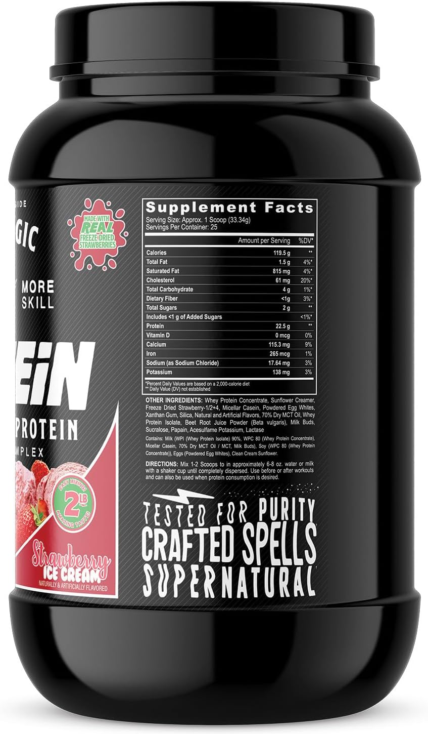 Black Magic Protein Powder - Whey, Egg, & Casein Complex with Enzymes & MCT - Pre & Post Workout - Strawberry Ice Cream - 24g Protein - 2 LB