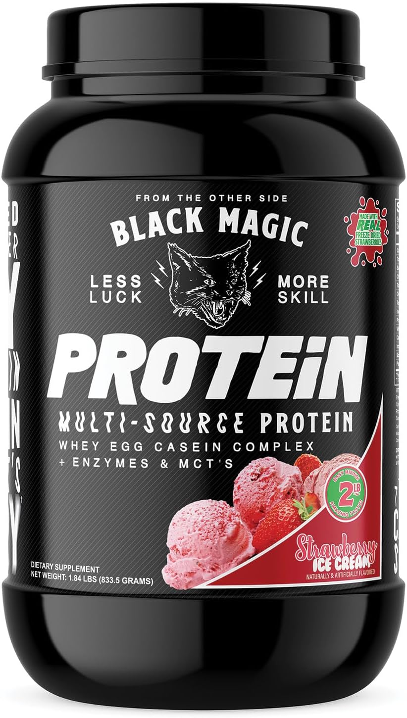 Black Magic Protein Powder - Whey, Egg, & Casein Complex with Enzymes & MCT - Pre & Post Workout - Strawberry Ice Cream - 24g Protein - 2 LB