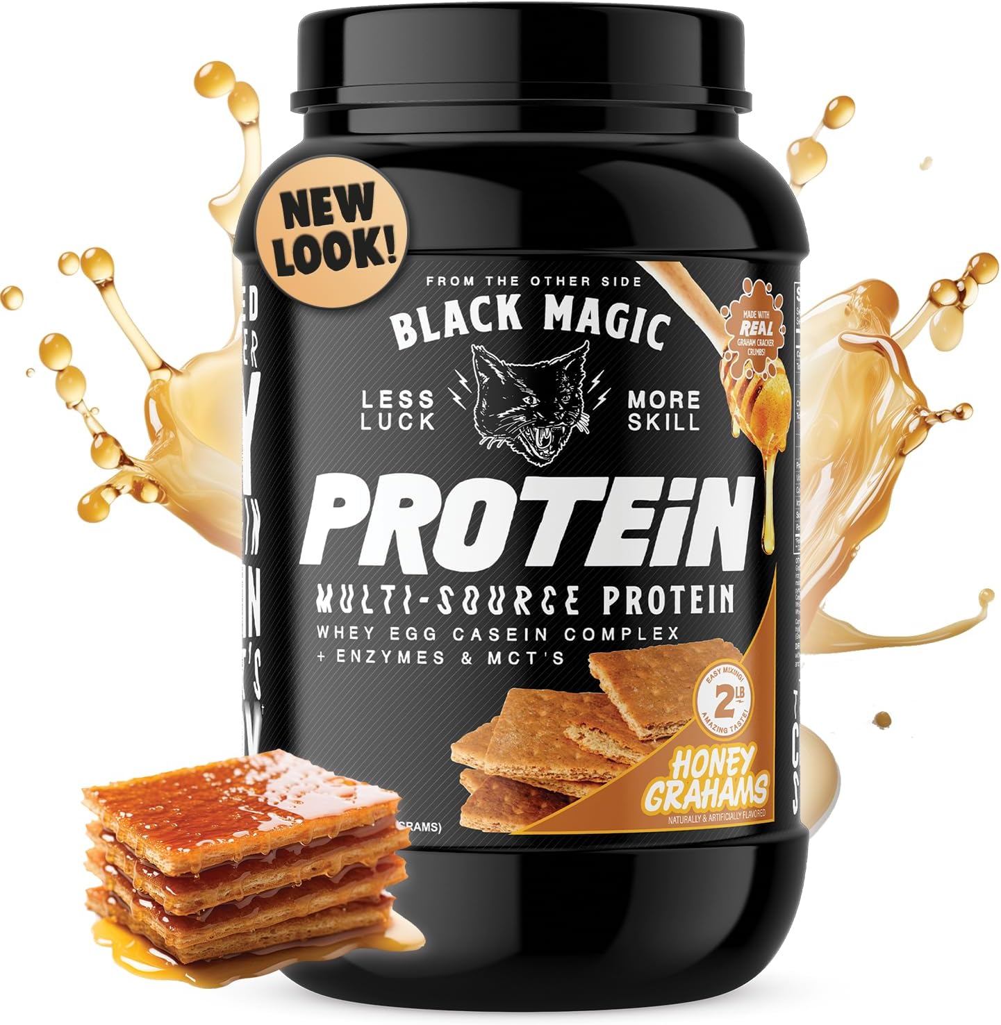 Black Magic Protein Powder: Whey, Egg, and Casein Complex with Enzymes & MCT - Pre & Post Workout - Honey Grahams - 24g Protein - 2 LB