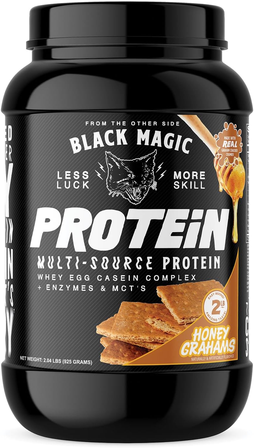 Black Magic Protein Powder: Whey, Egg, and Casein Complex with Enzymes & MCT - Pre & Post Workout - Honey Grahams - 24g Protein - 2 LB