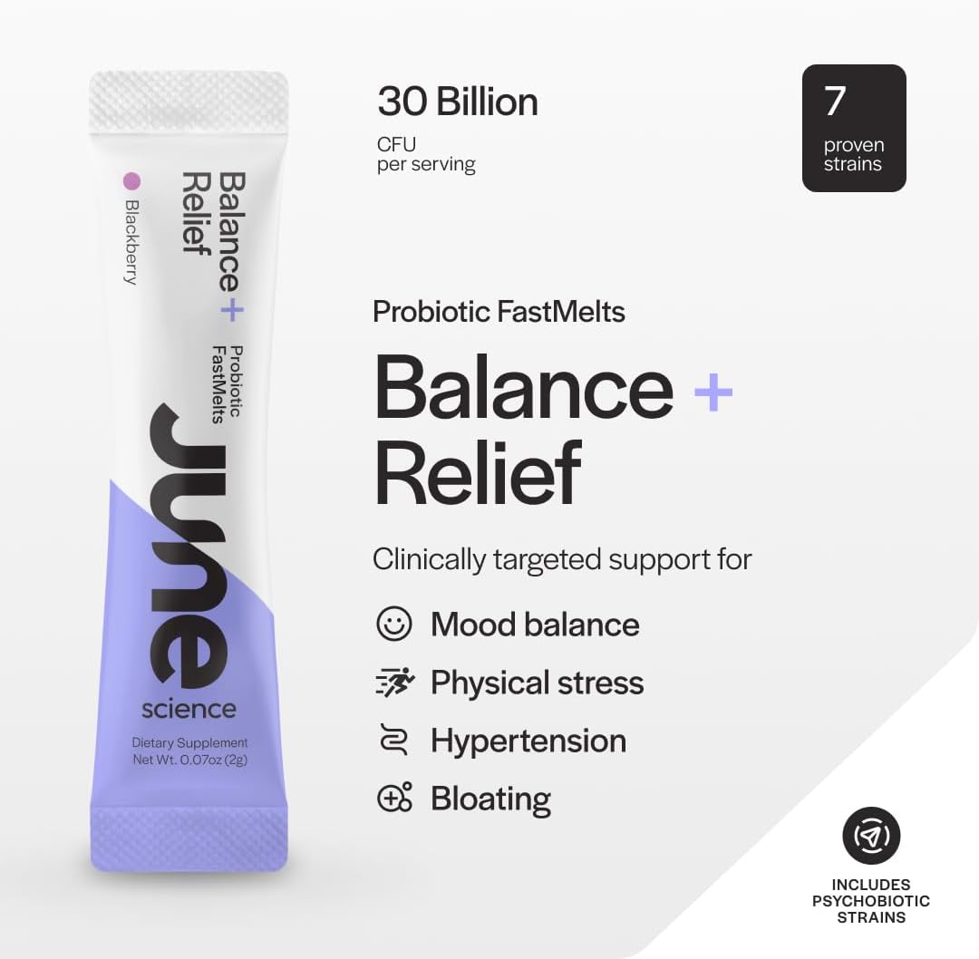 BlackBerry Flavor Fast Melt Pre + Probiotic for Mood & Stress - June Science Balance + Relief, 30 Powder Sachets