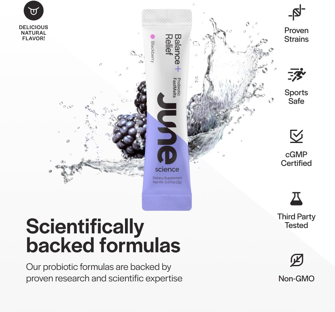 BlackBerry Flavor Fast Melt Pre + Probiotic for Mood & Stress - June Science Balance + Relief, 30 Powder Sachets