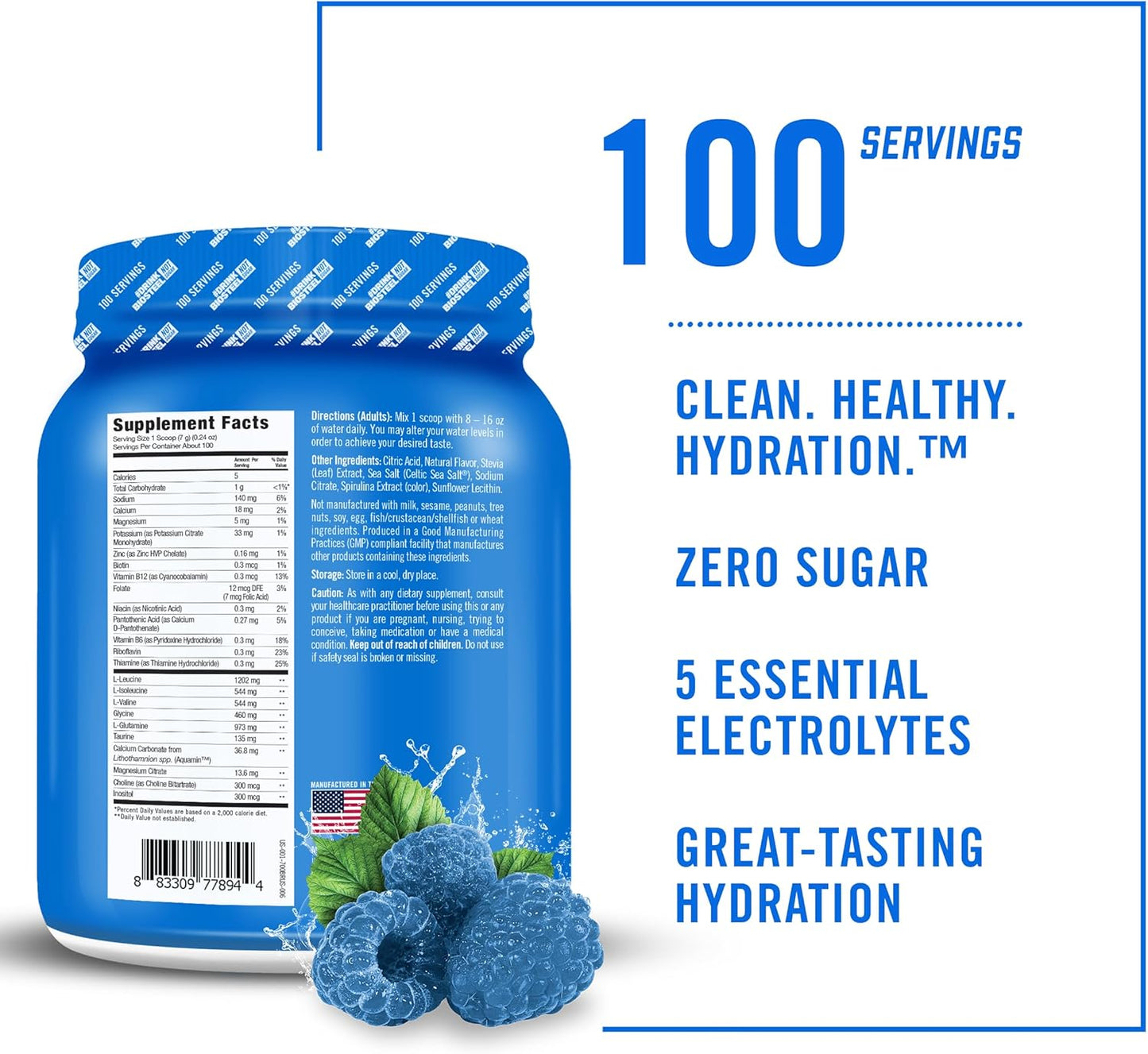 Blue Raspberry BioSteel Zero Sugar Hydration Mix - 100 Servings, 5 Essential Electrolytes, Great Taste