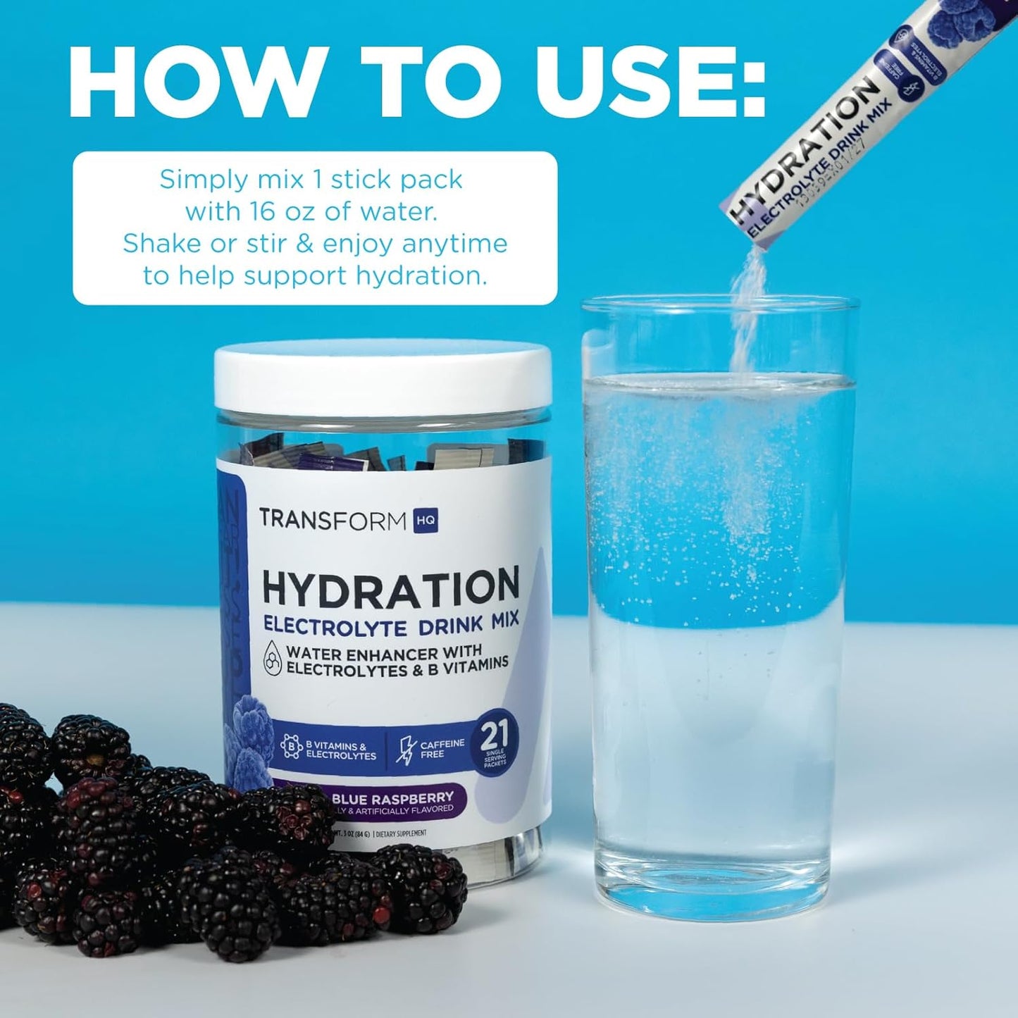 Blue Raspberry Hydration Drink Mix - 21 Single-Serving Packets with Vitamins and Electrolytes for Hydration Boost