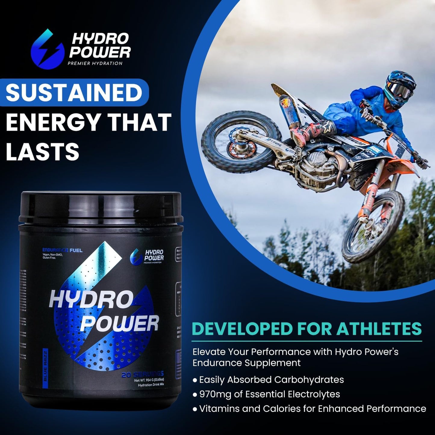Blue Razz Hydro Power Endurance Fuel: Vegan, Non-GMO, Gluten Free High Carb Supplement for Maximum Performance - 20 Servings