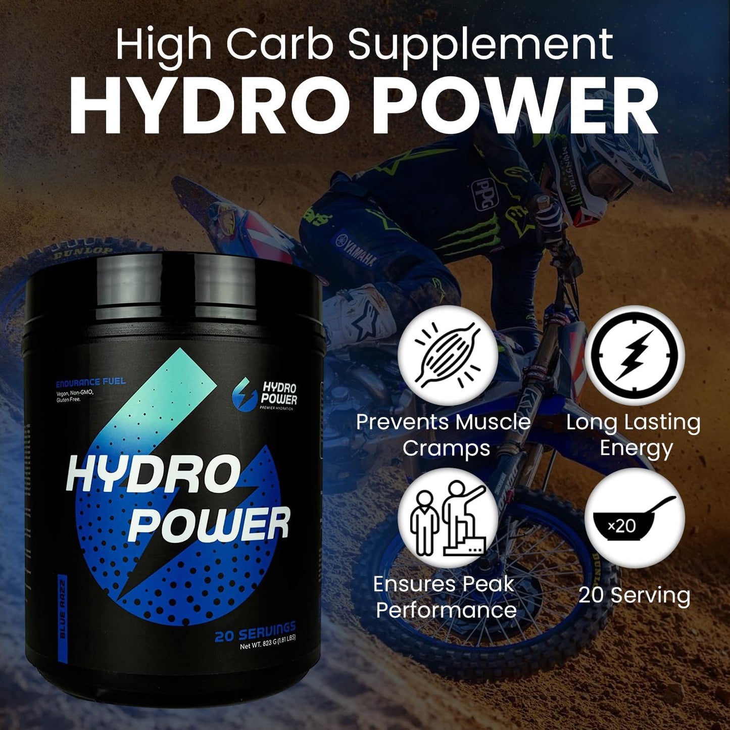 Blue Razz Hydro Power Endurance Fuel: Vegan, Non-GMO, Gluten Free High Carb Supplement for Maximum Performance - 20 Servings