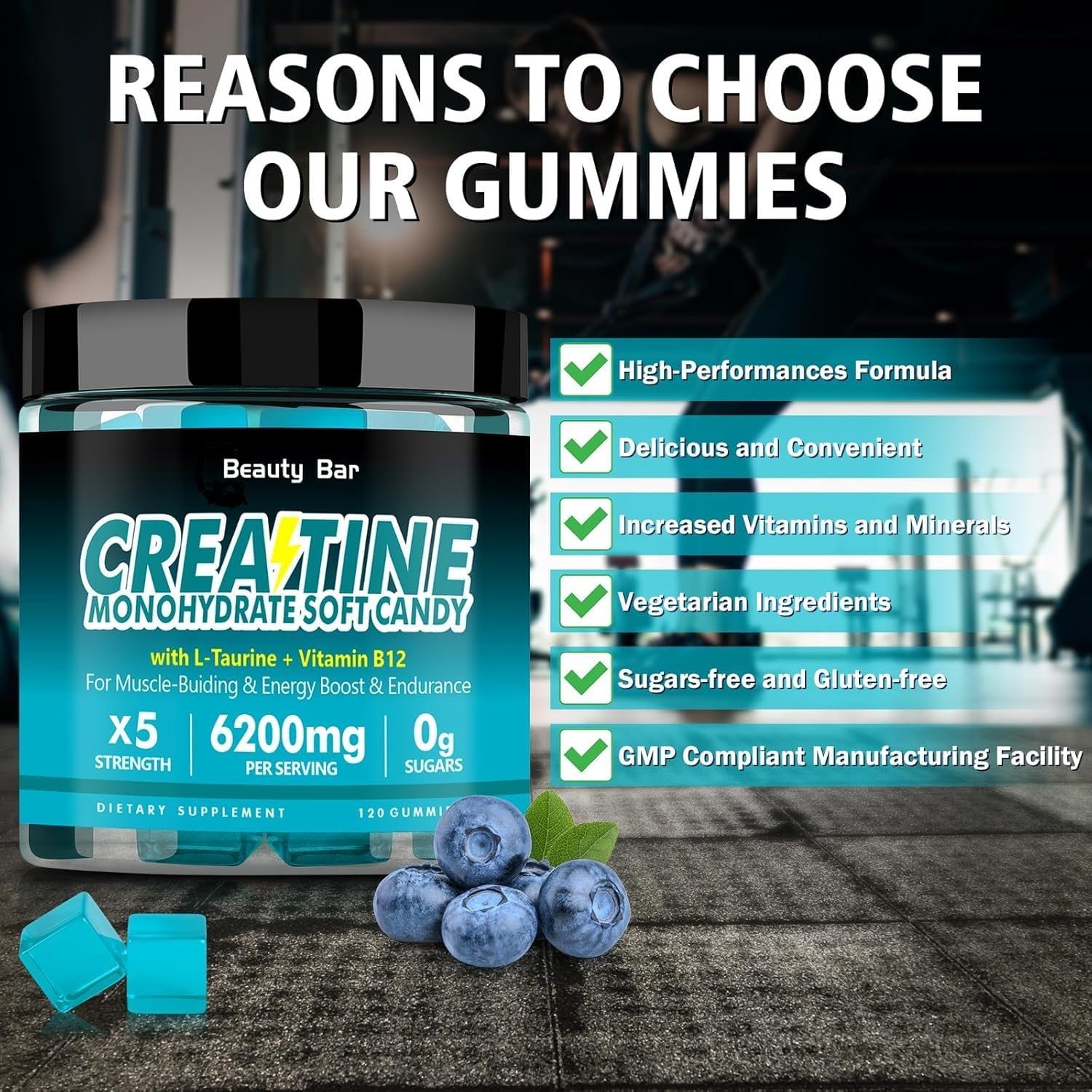 Blueberry Flavor Beauty Bar Creatine Monohydrate Gummies - 6200mg - 120 Gummies - Sugar Free Chewable Supplement for Muscle Strength & Energy Boost - Men & Women - Vegan Friendly