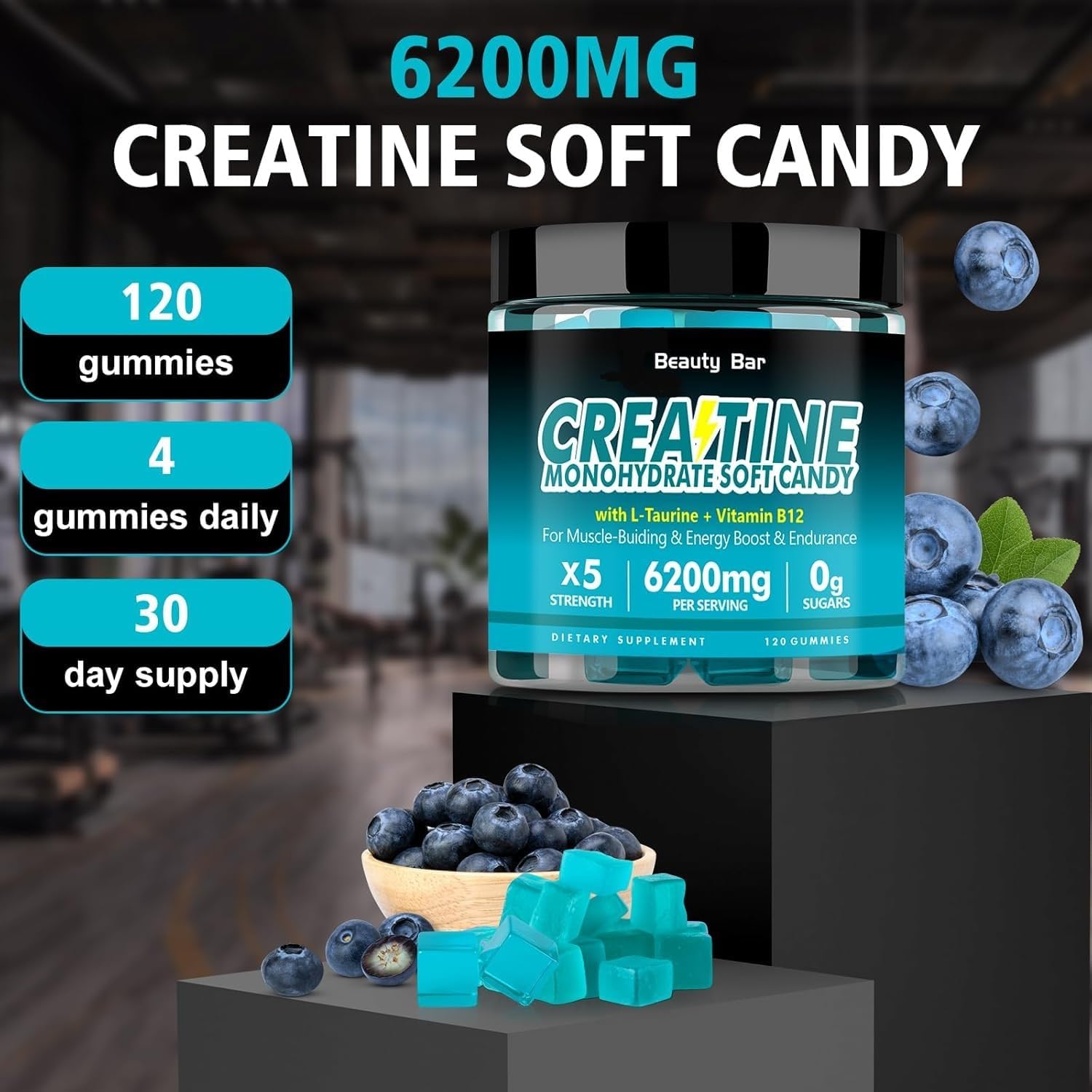 Blueberry Flavor Beauty Bar Creatine Monohydrate Gummies - 6200mg - 120 Gummies - Sugar Free Chewable Supplement for Muscle Strength & Energy Boost - Men & Women - Vegan Friendly