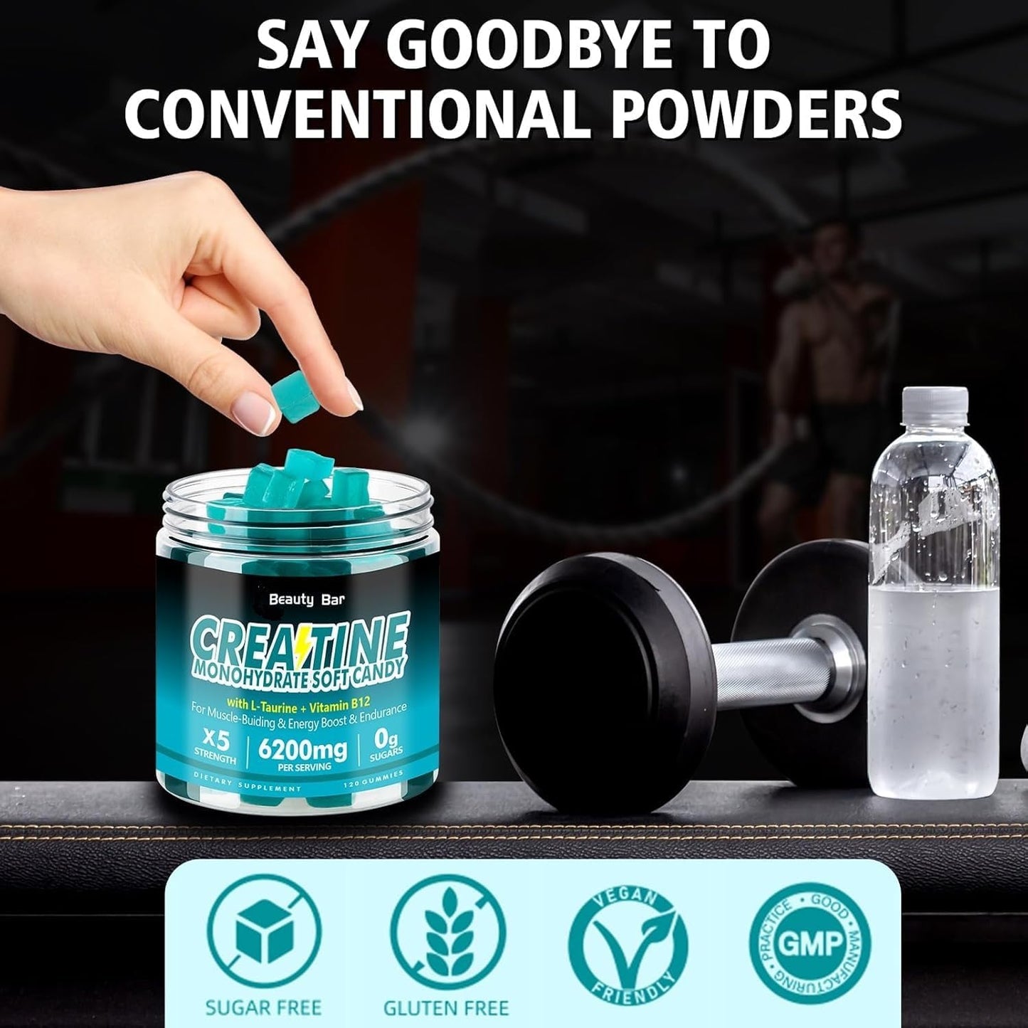 Blueberry Flavor Beauty Bar Creatine Monohydrate Gummies - 6200mg - 120 Gummies - Sugar Free Chewable Supplement for Muscle Strength & Energy Boost - Men & Women - Vegan Friendly