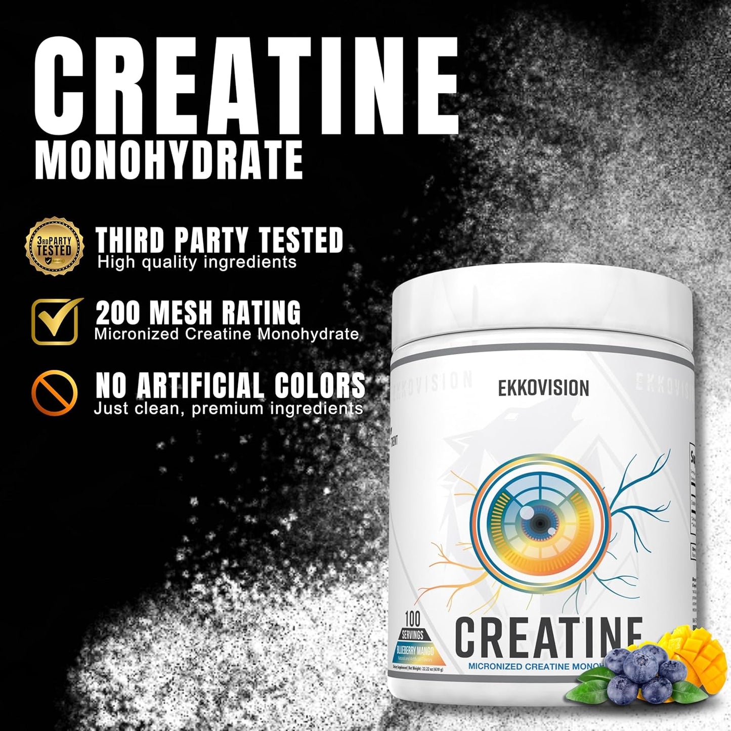 Blueberry Mango Creatine Monohydrate Powder for Pre & Post Workout, Energy Support - 100 Servings