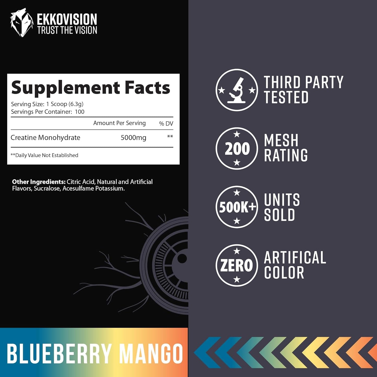 Blueberry Mango Creatine Monohydrate Powder for Pre & Post Workout, Energy Support - 100 Servings