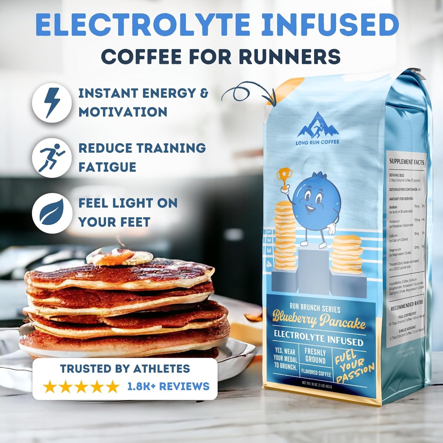 Blueberry Pancake Coffee for Runners with Electrolytes Powder for Athlete Hydration - Keto Friendly Sodium, Calcium, Magnesium, & Potassium