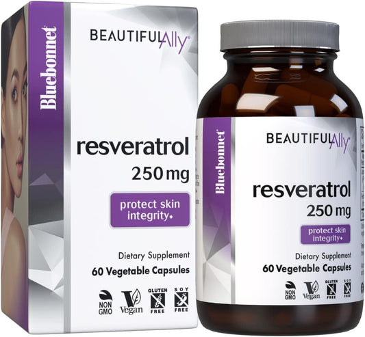 Bluebonnet Nutrition Beautiful Ally Resveratrol 250mg - Skin Beauty Antioxidant Supplement - Vegan, Non GMO, Gluten Free - 60 Capsules