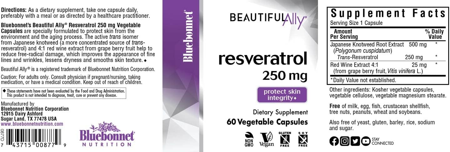 Bluebonnet Nutrition Beautiful Ally Resveratrol 250mg - Skin Beauty Antioxidant Supplement - Vegan, Non GMO, Gluten Free - 60 Capsules