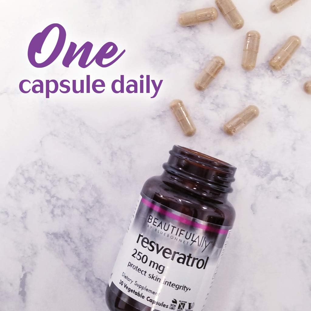 Bluebonnet Nutrition Beautiful Ally Resveratrol 250mg - Skin Beauty Antioxidant Supplement - Vegan, Non GMO, Gluten Free - 60 Capsules