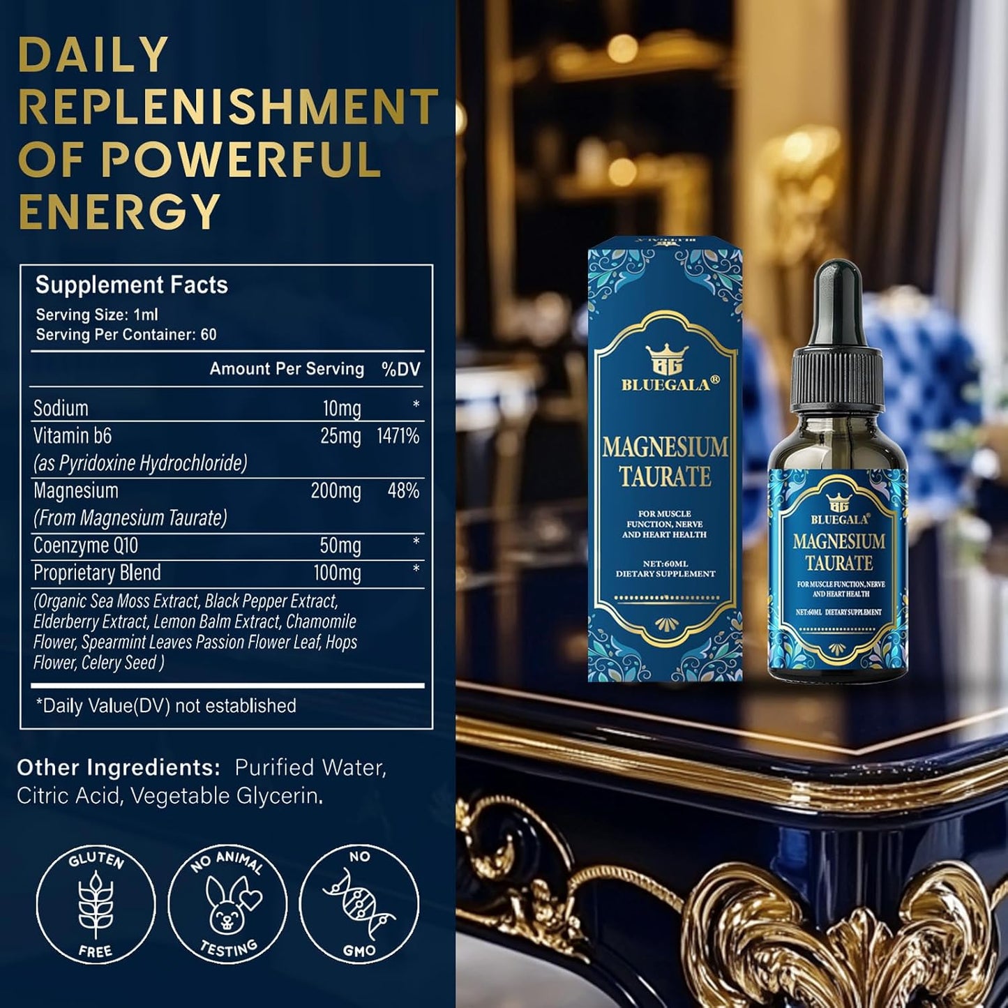 BLUEGALA Magnesium Taurate Liquid Drops - High Absorption Complex for Sleep, Muscle, Nerves, Immune Health - Non-GMO, Vegan