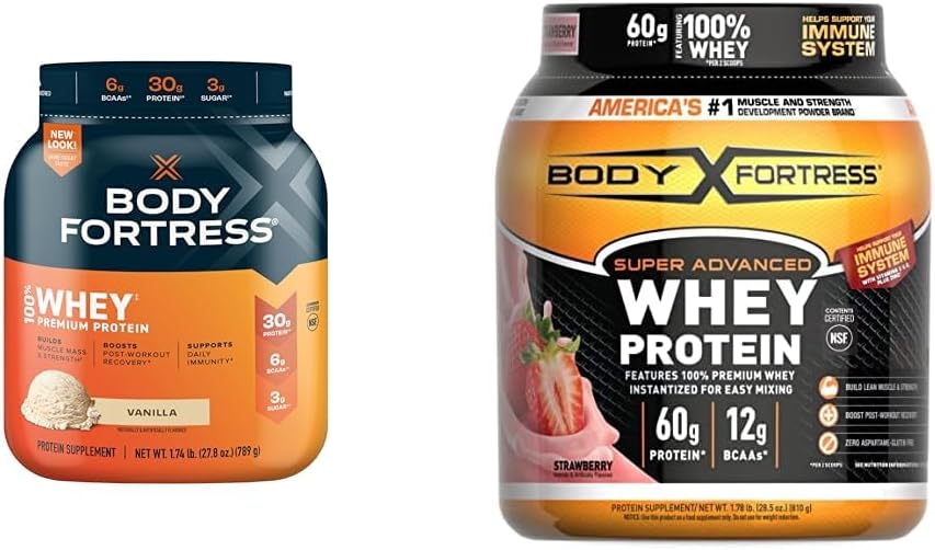 Body Fortress 100% Whey Protein Powder Bundle - Vanilla & Strawberry Flavors, 1.74lbs & 1.78lbs