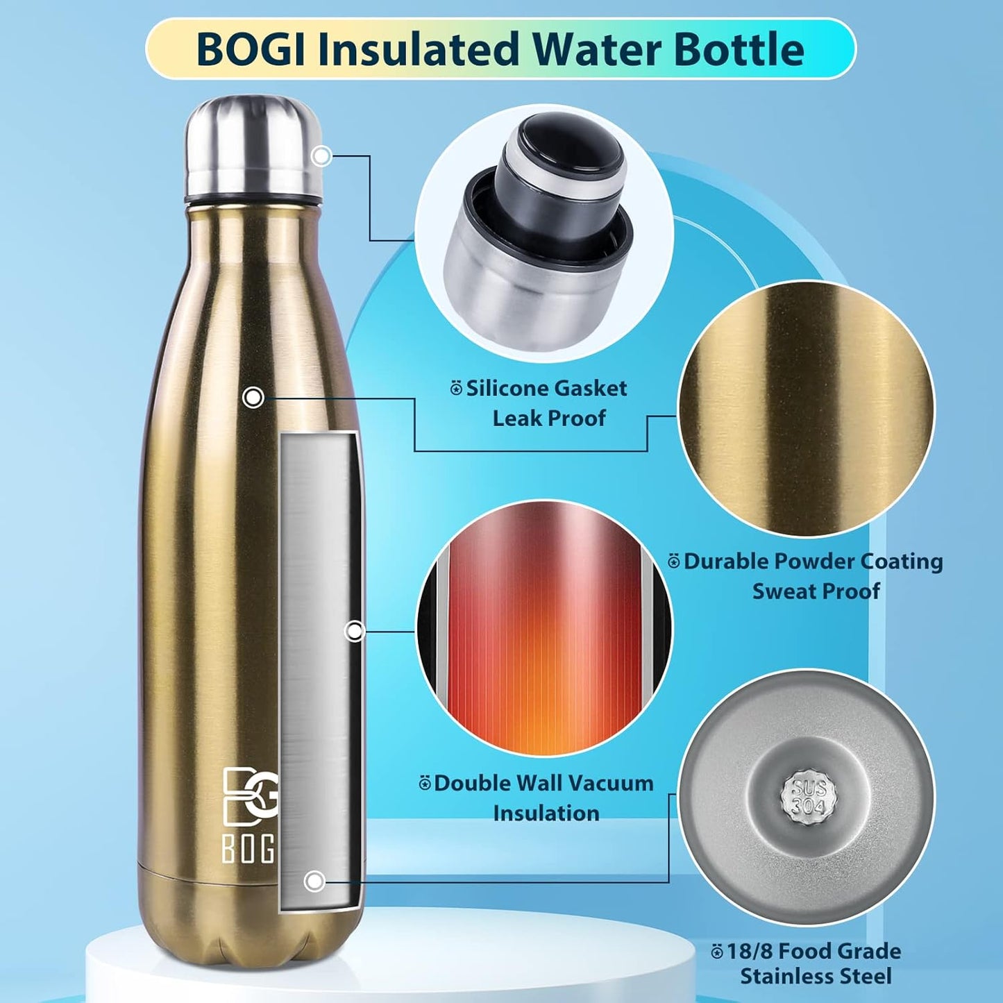 BOGI 17oz Stainless Steel Insulated Water Bottle - Double Wall Vacuum, Leak Proof Metal Sports Bottle for Hot and Cold Drinks - Ideal for Outdoor Activities