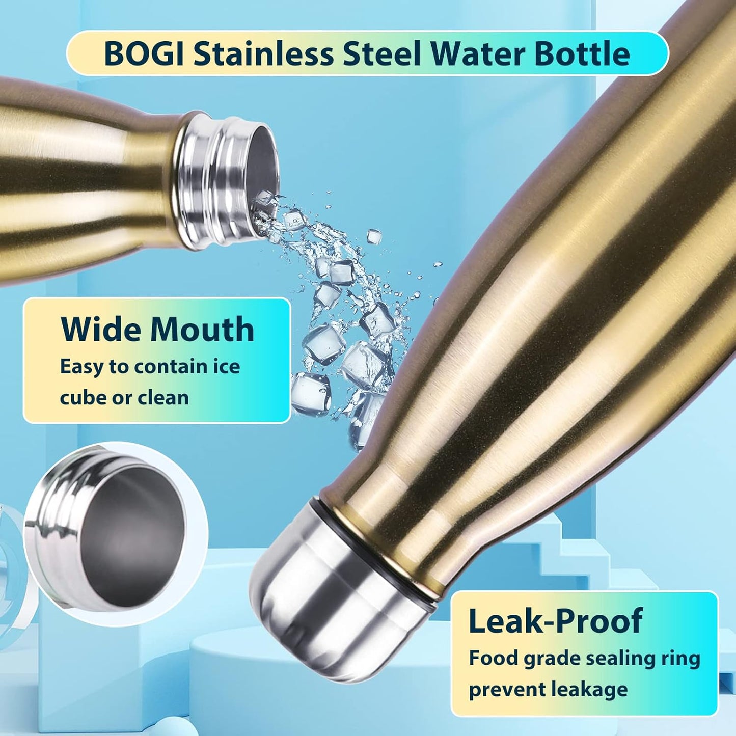 BOGI 17oz Stainless Steel Insulated Water Bottle - Double Wall Vacuum, Leak Proof Metal Sports Bottle for Hot and Cold Drinks - Ideal for Outdoor Activities