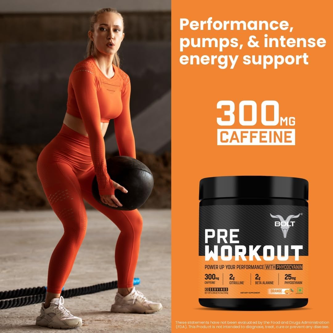 Bolt Pre Workout Supplement - Explosive Energy & Focus Blend with Caffeine, Citrulline Malate, B-Alanine, Taurine - 300g, 30 Servings - Tangy Orange Flavor