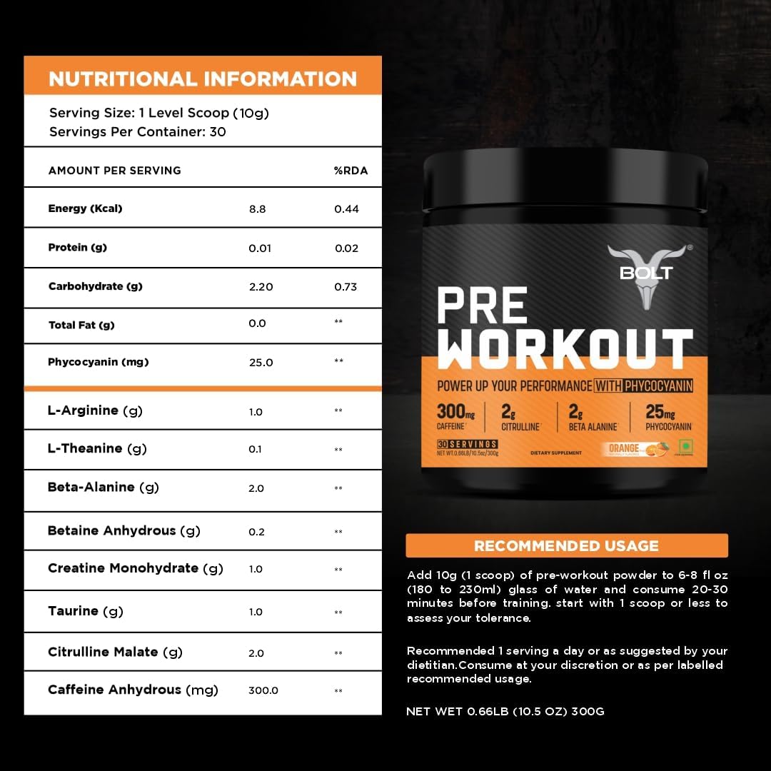 Bolt Pre Workout Supplement - Explosive Energy & Focus Blend with Caffeine, Citrulline Malate, B-Alanine, Taurine - 300g, 30 Servings - Tangy Orange Flavor