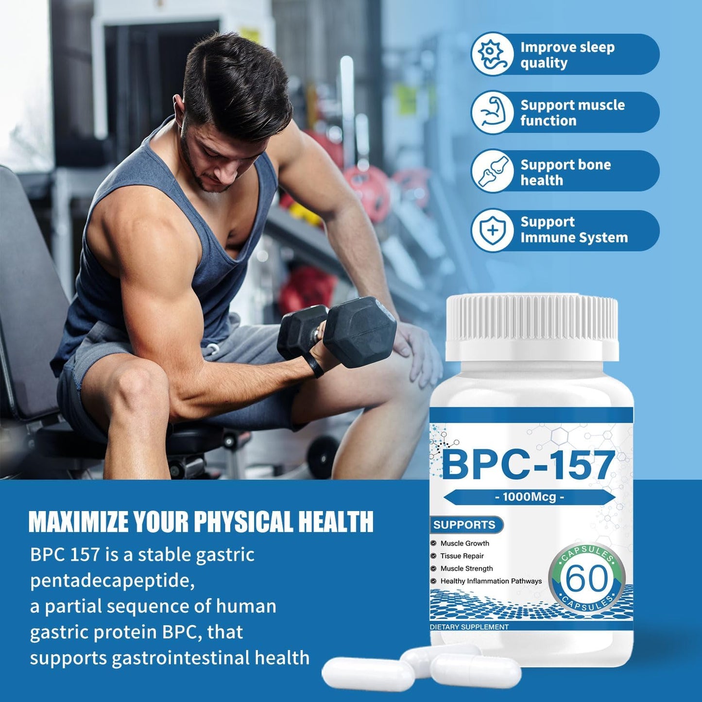 BP-C 157 Peptide Capsules 1000Mcg, Promotes Muscle Growth, Tissue Repair, and Strength, 60 Capsules