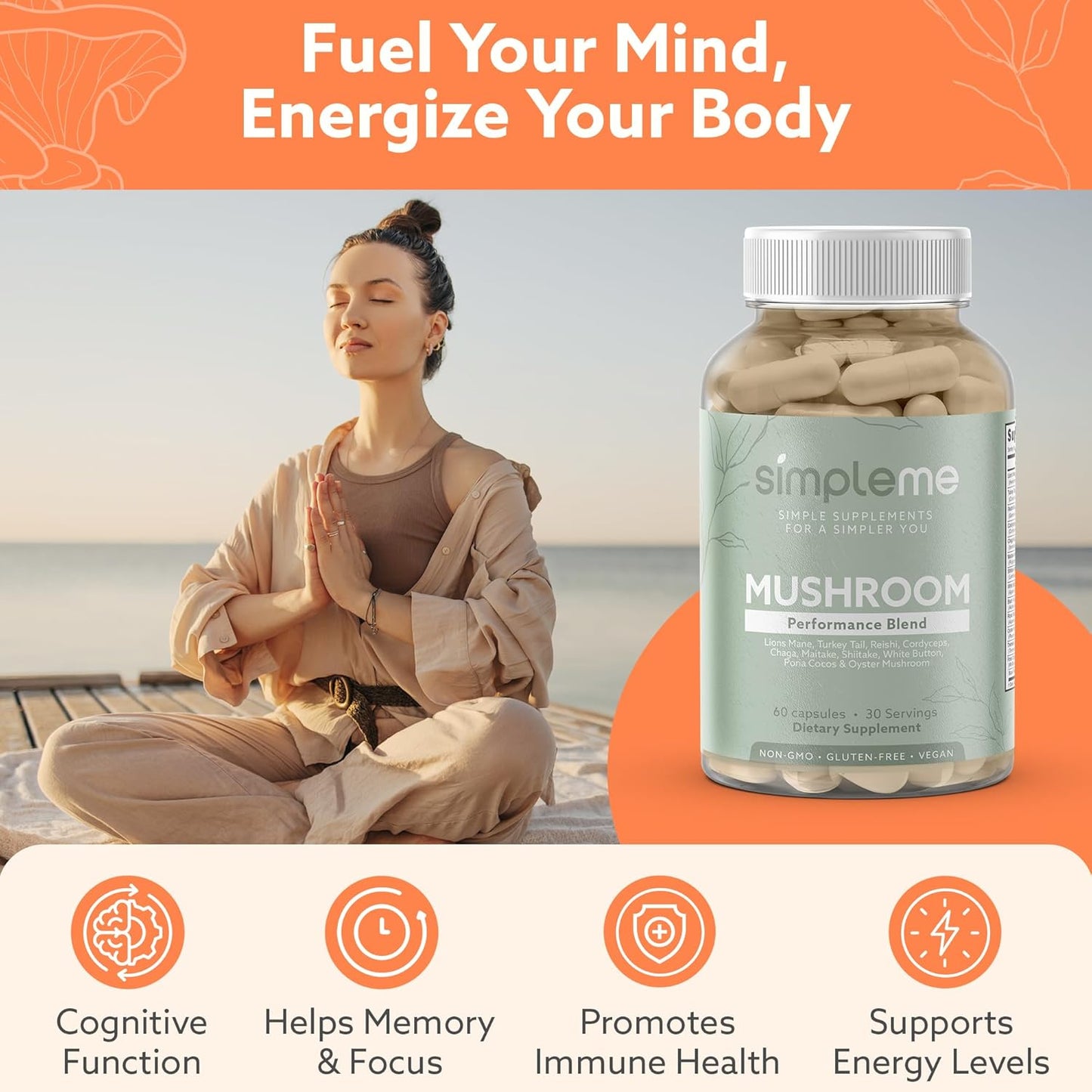 Brain and Immune Support Multi-Mushroom Supplement with Nootropics - Performance Blend of Lions Mane, Turkey Tail, Reishi, Cordyceps, Chaga, Maitake, Shiitake, and More - 60 Capsules