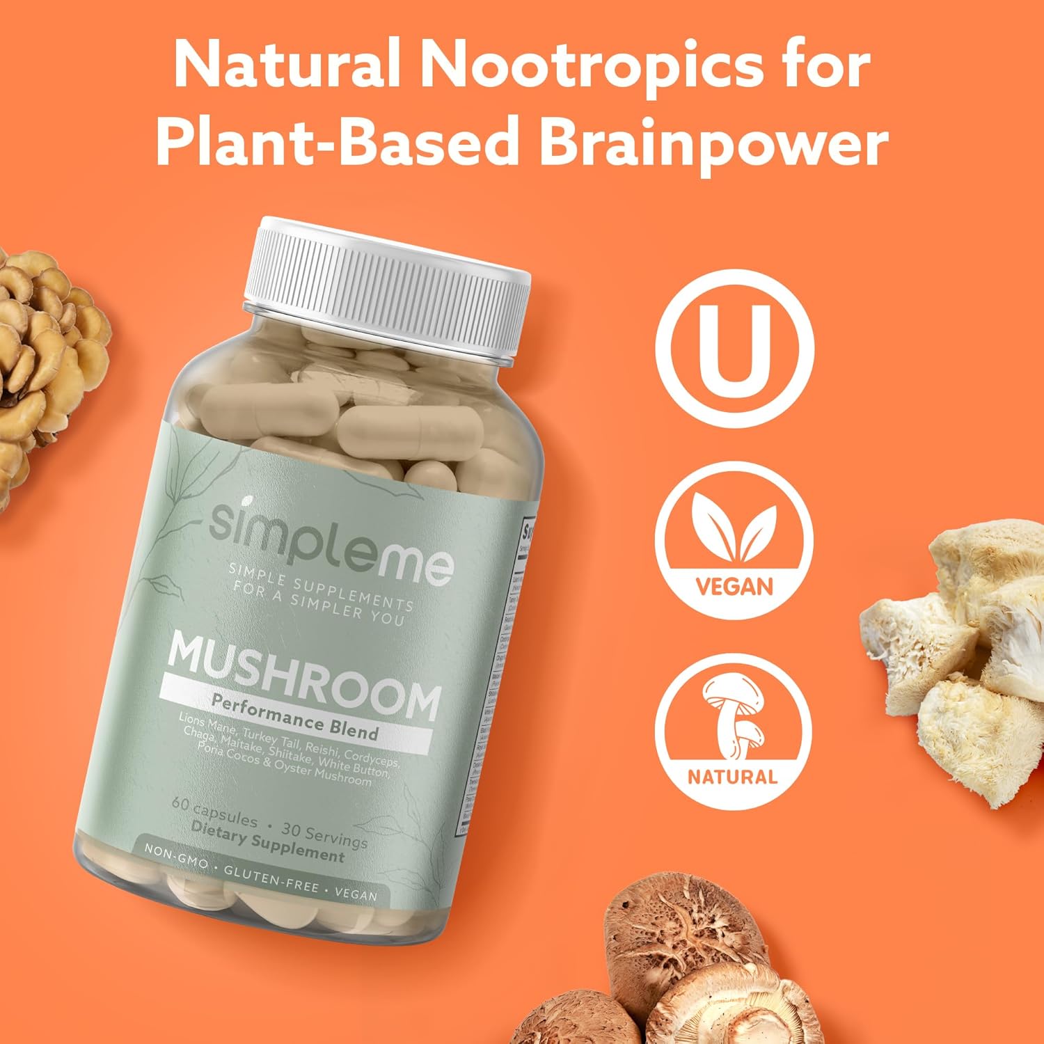 Brain and Immune Support Multi-Mushroom Supplement with Nootropics - Performance Blend of Lions Mane, Turkey Tail, Reishi, Cordyceps, Chaga, Maitake, Shiitake, and More - 60 Capsules