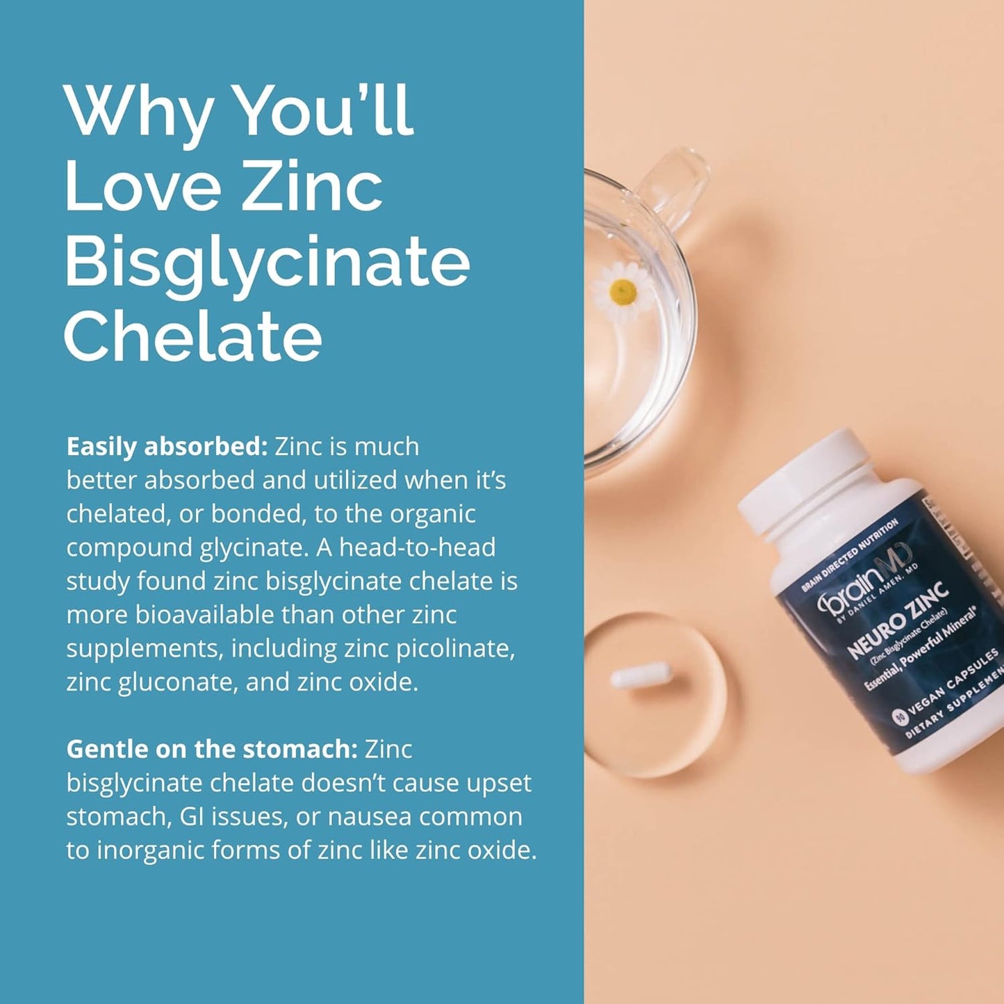 BrainMD Neuro Zinc - 25 mg Chelated Zinc Capsules - Gluten Free - 90 Servings