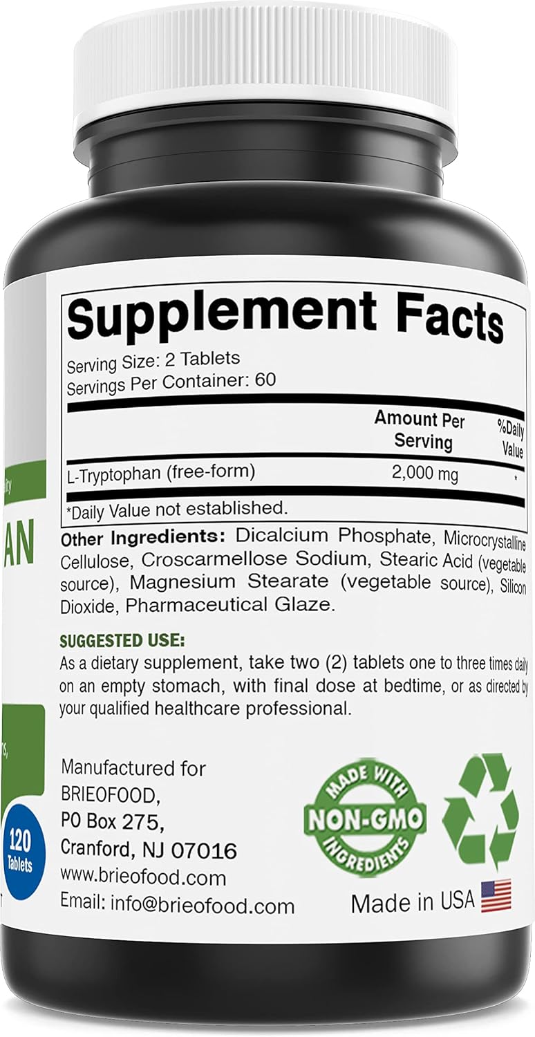 Brieofood L-Tryptophan Tablets - 2000mg per Serving - 120 Count - Promotes Positive Mood & Relaxation