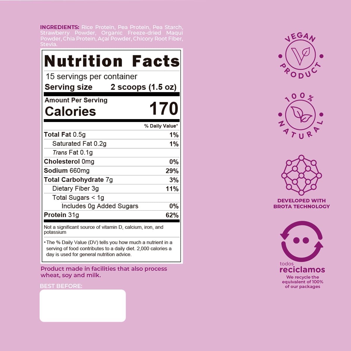 BROTA SUPERFOODS Berry Plant Based Protein Powder - 31g Protein, High Digestibility, Ideal for Athletes & Fitness