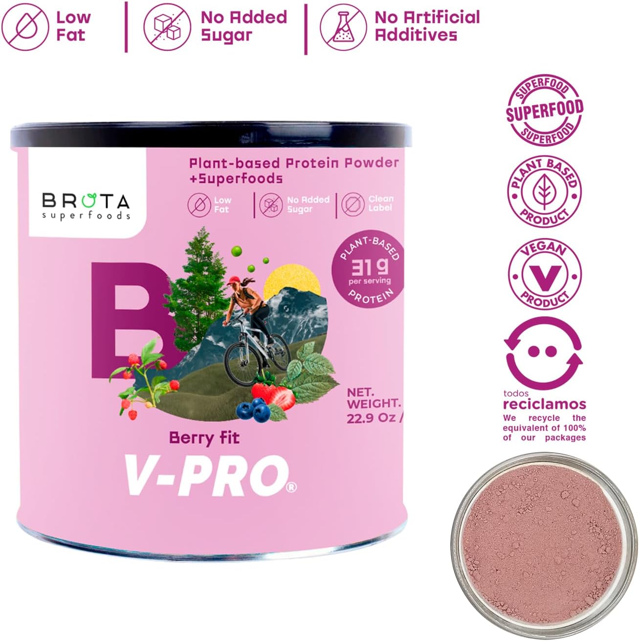 BROTA SUPERFOODS Berry Plant Based Protein Powder - 31g Protein, High Digestibility, Ideal for Athletes & Fitness