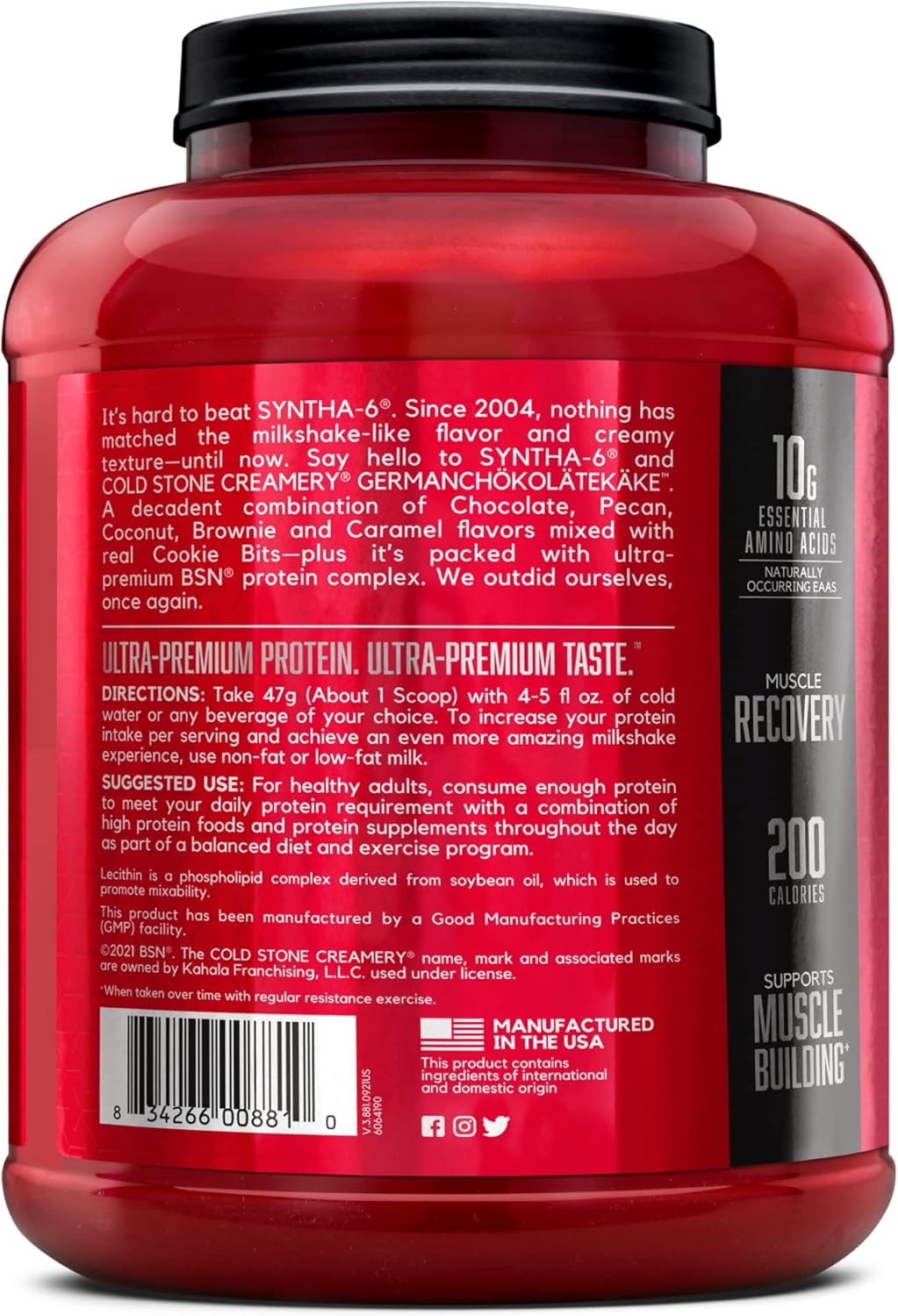 BSN Syntha-6 Whey Protein Powder, Cold Stone Creamery Germanchökolätekäke Flavor, 44 Servings, Micellar Casein & Milk Protein Isolate