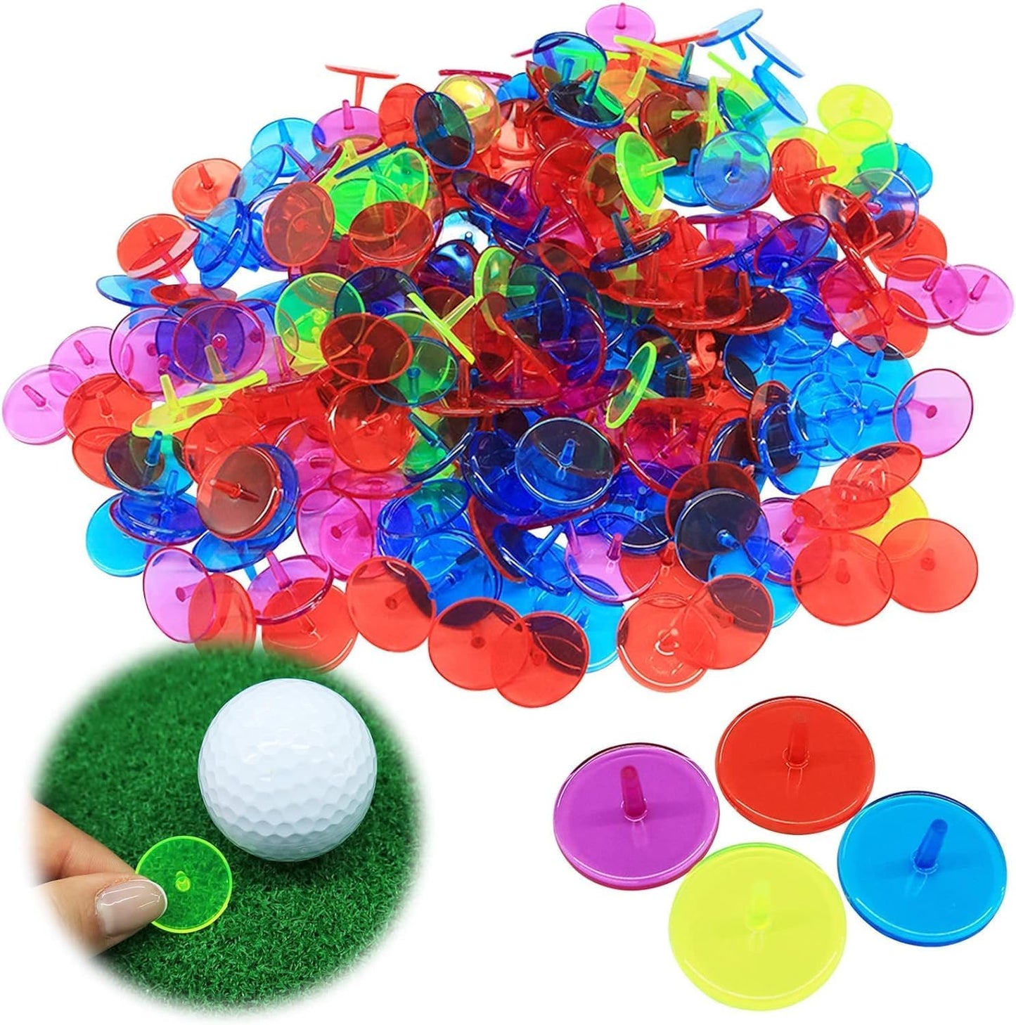 Bulk Pack of 50/100/150 VEASAERS Multicolor Transparent Plastic Golf Ball Markers - 25mm Flat Round Position Mark Accessories