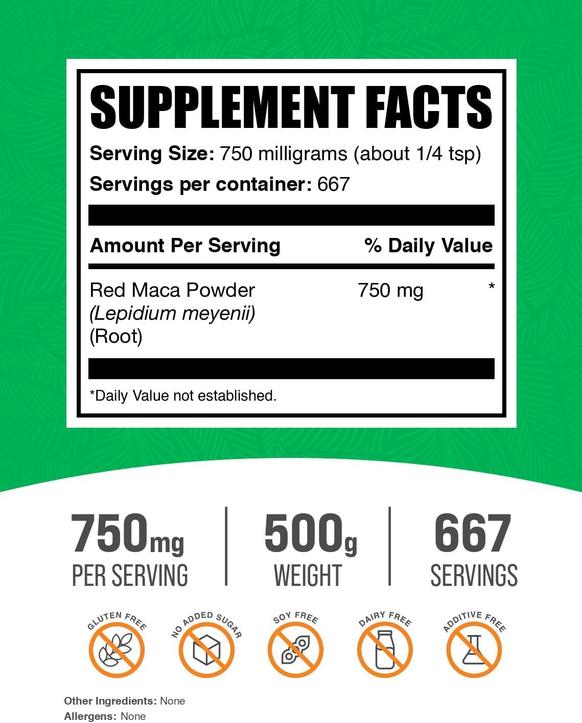 BulkSupplements Red Maca Powder - Organic Maca Root Supplement for Women & Men - Vegan & Gluten-Free - 750mg per Serving - 500g (1.1 lbs) Pack of 1