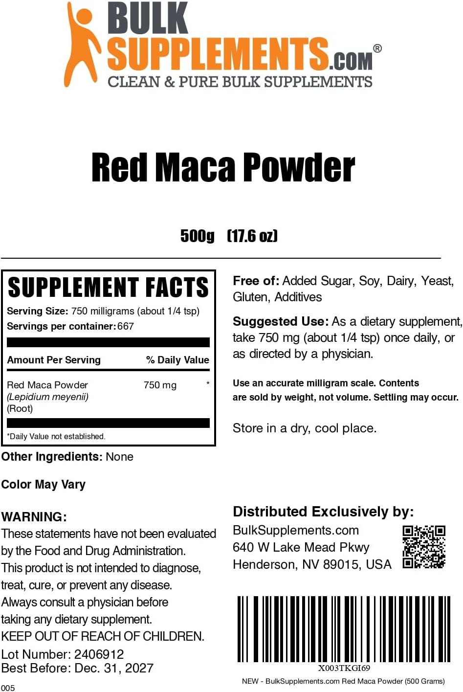BulkSupplements Red Maca Powder - Organic Maca Root Supplement for Women & Men - Vegan & Gluten-Free - 750mg per Serving - 500g (1.1 lbs) Pack of 1