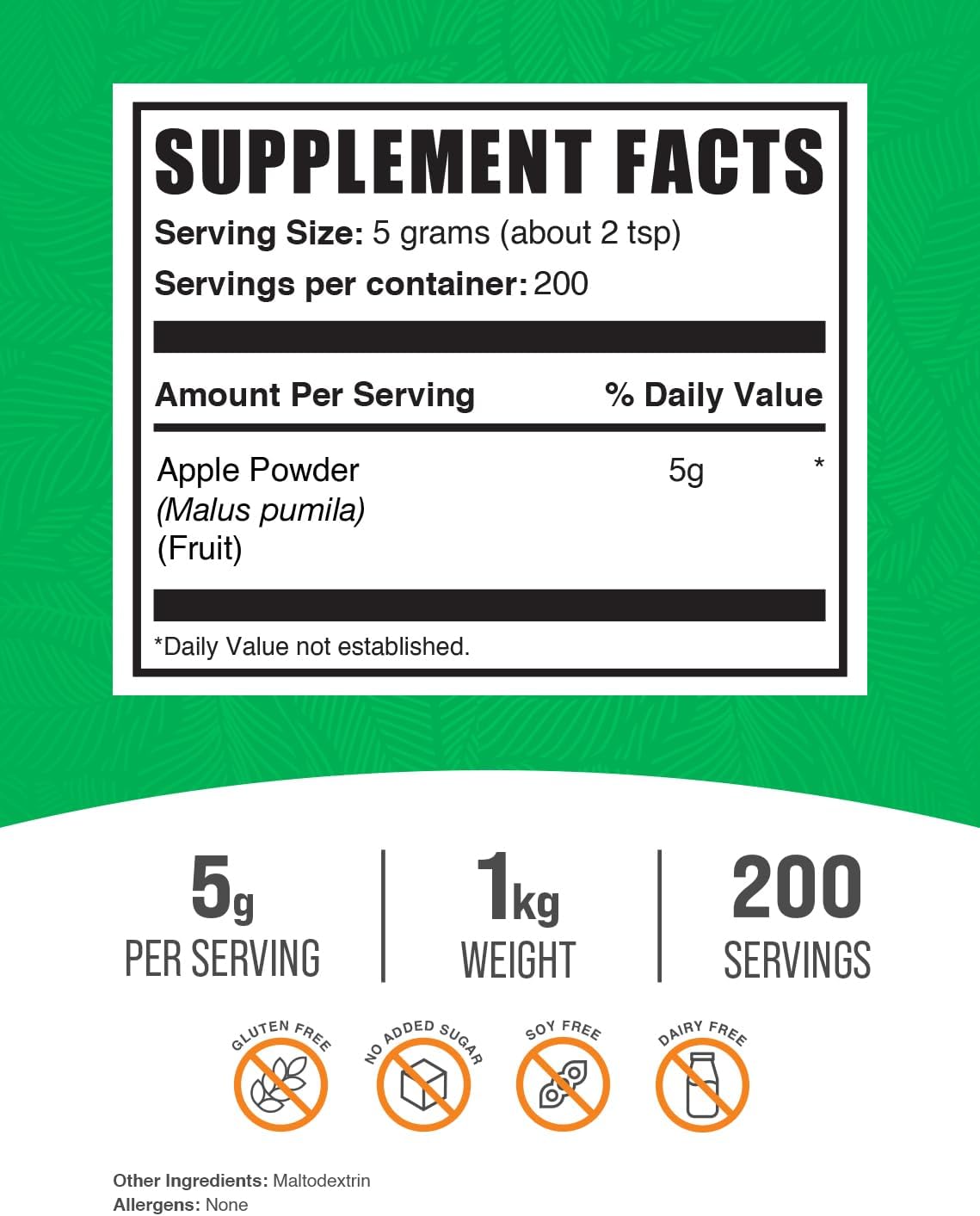 BulkSupplements.com Apple Powder - Natural Apple Fruit Powder for Digestive Health - Gluten Free Superfood, 1kg (2.2 lbs) - Pack of 1, 5g per Serving