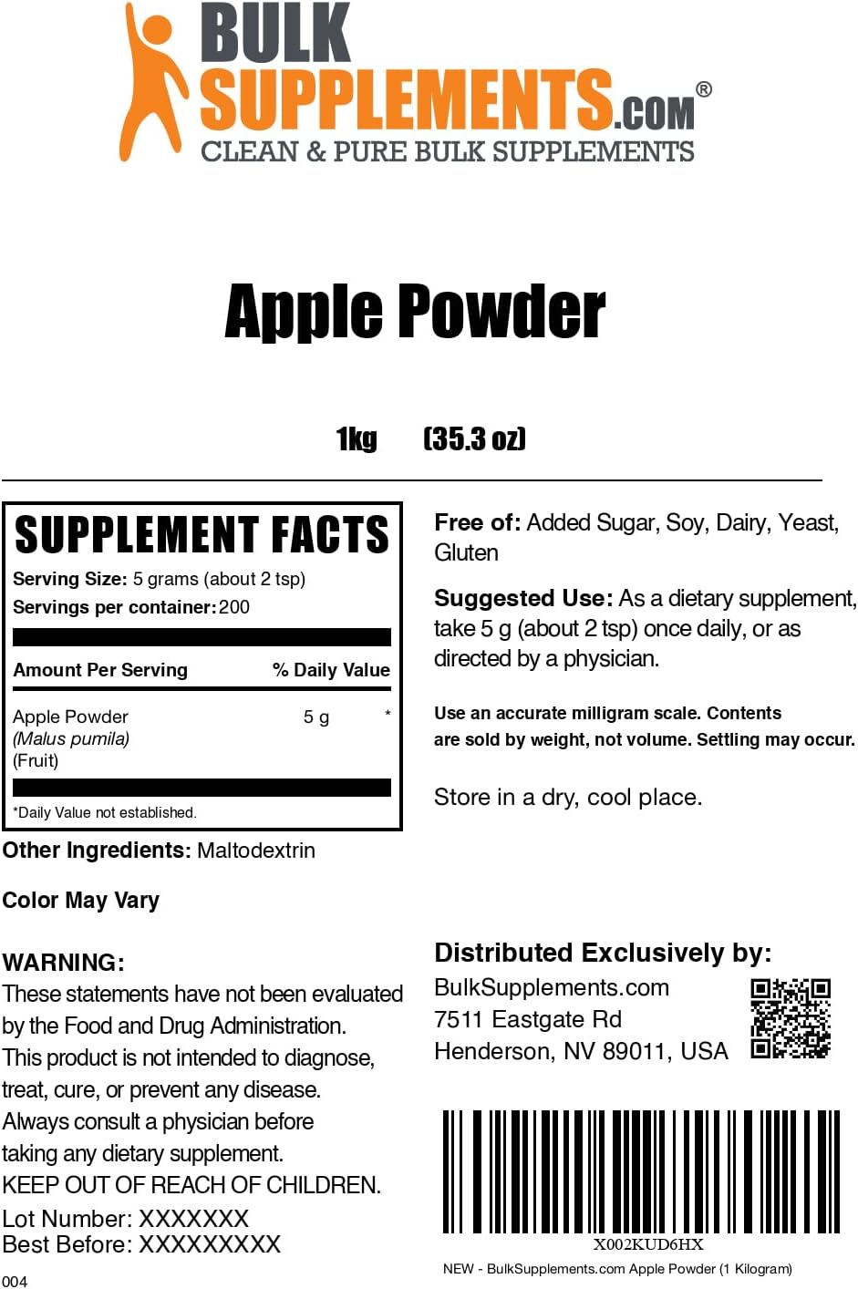 BulkSupplements.com Apple Powder - Natural Apple Fruit Powder for Digestive Health - Gluten Free Superfood, 1kg (2.2 lbs) - Pack of 1, 5g per Serving