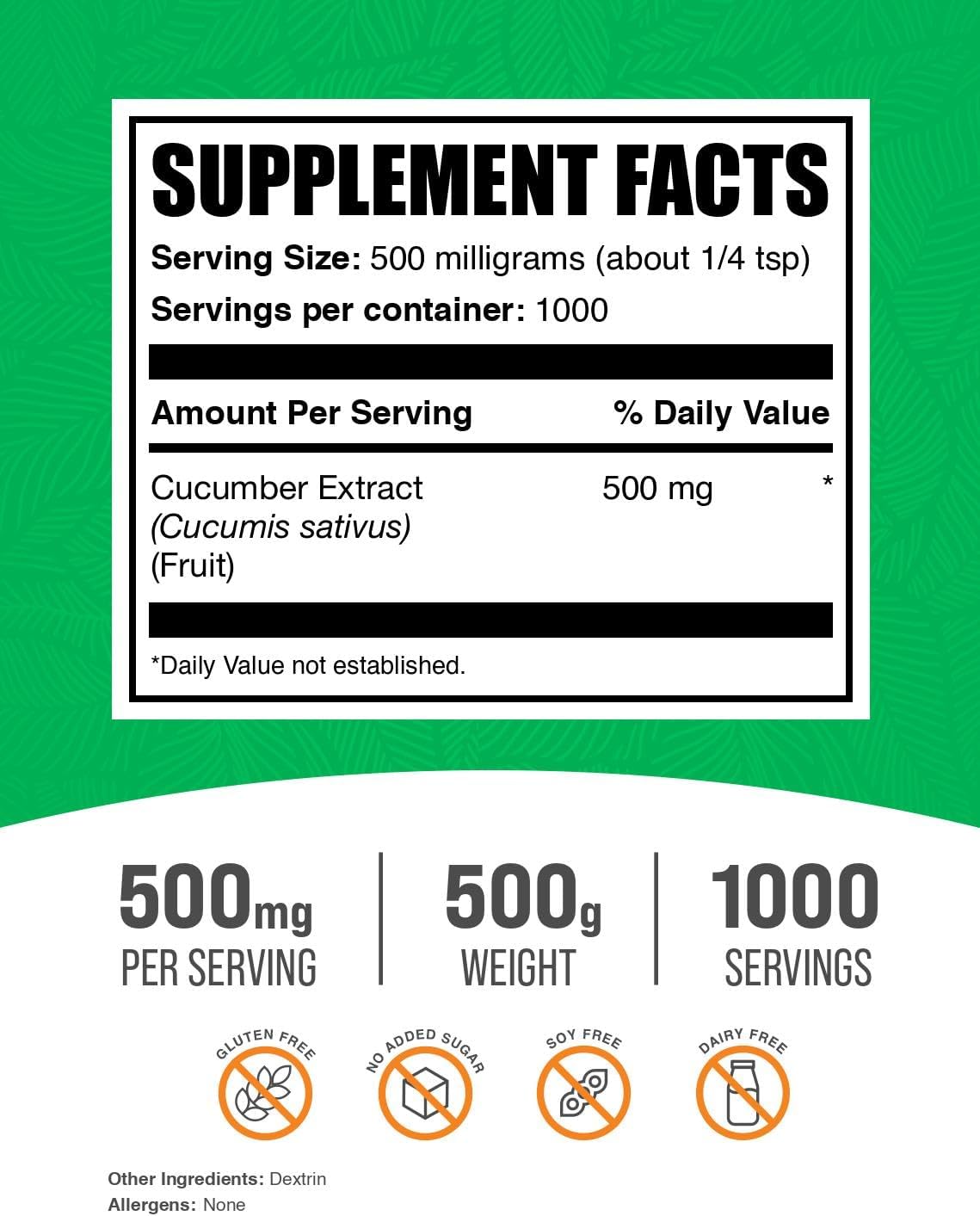 BulkSupplements.com Cucumber Extract Powder - Hydration Supplement, Vegan & Gluten Free, 500mg per Serving, 500g (1.1 lbs)