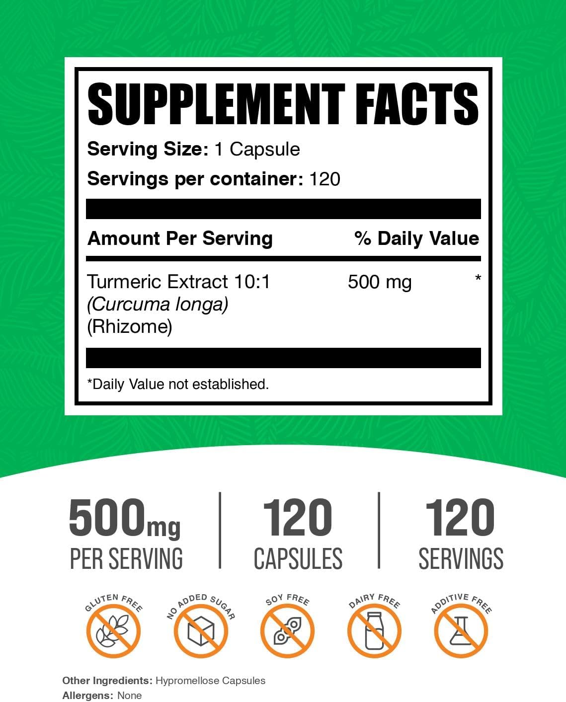 BulkSupplements.com Turmeric Curcumin 500mg Capsules - Gluten Free Turmeric Extract Supplements - 120 Veg Capsules, 1 Capsule/Serving