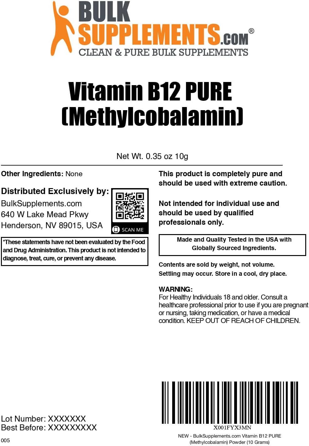 BulkSupplements.com Vitamin B12 Methylcobalamin Powder - Pure B12 Supplement, Essential B Vitamin, Multiple Servings, 10g
