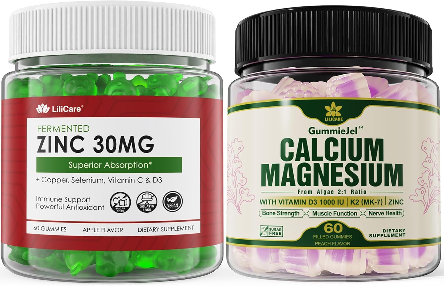 Bundle: 2 Packs of LILICARE Sugar Free Zinc Gummies + 1 Pack Plant Based Calcium Supplement