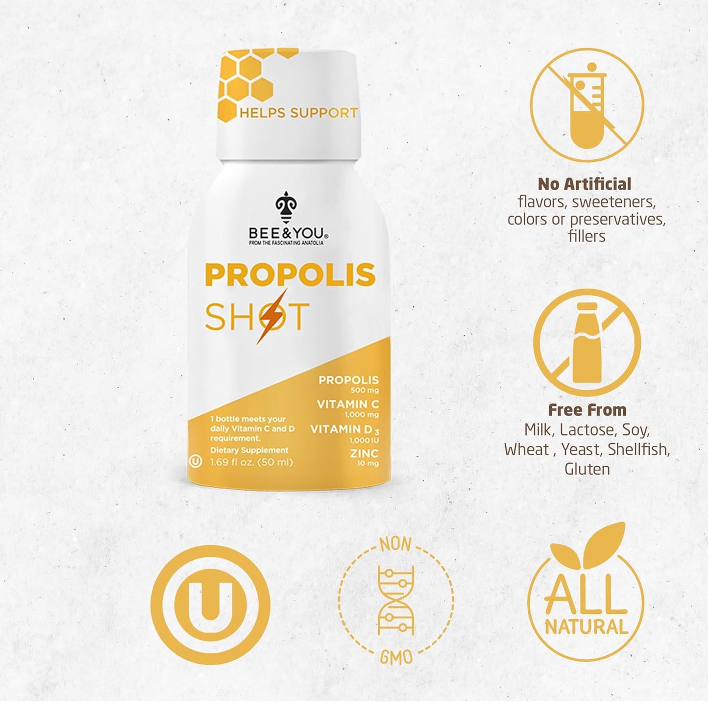 Bundle: Bee and You Propolis Shot with Bee Pollen - Natural Antioxidant Supplement for Adults, Women, Men - 12 Bottles of Propolis, Proteins, Vitamins, Amino Acids