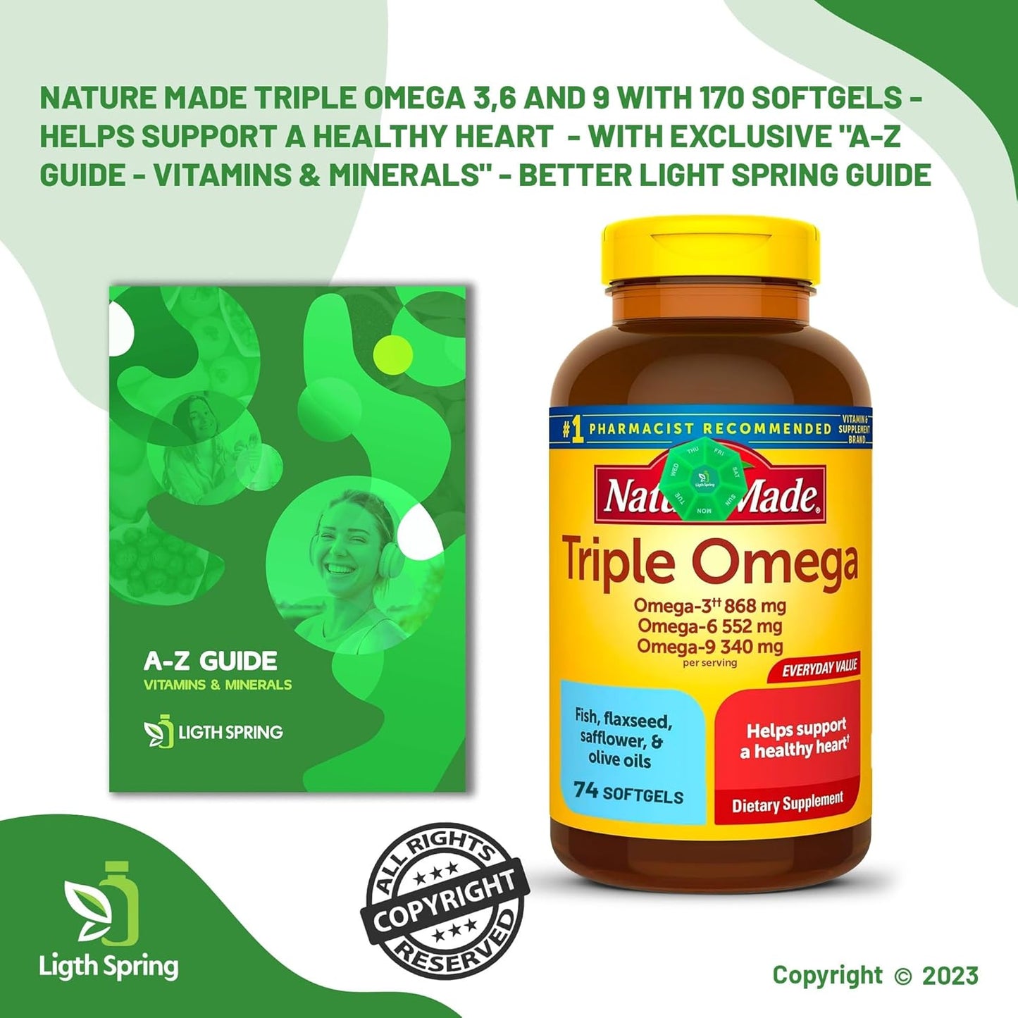 Bundle: LightSpring Triple Omega 3-6-9 Softgels 74ct (2 Pack) with A to Z Vitamins & Minerals, Better Guide, Pill Organizer