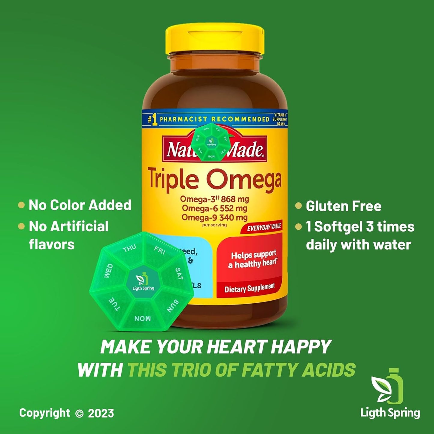 Bundle: LightSpring Triple Omega 3-6-9 Softgels 74ct (2 Pack) with A to Z Vitamins & Minerals, Better Guide, Pill Organizer