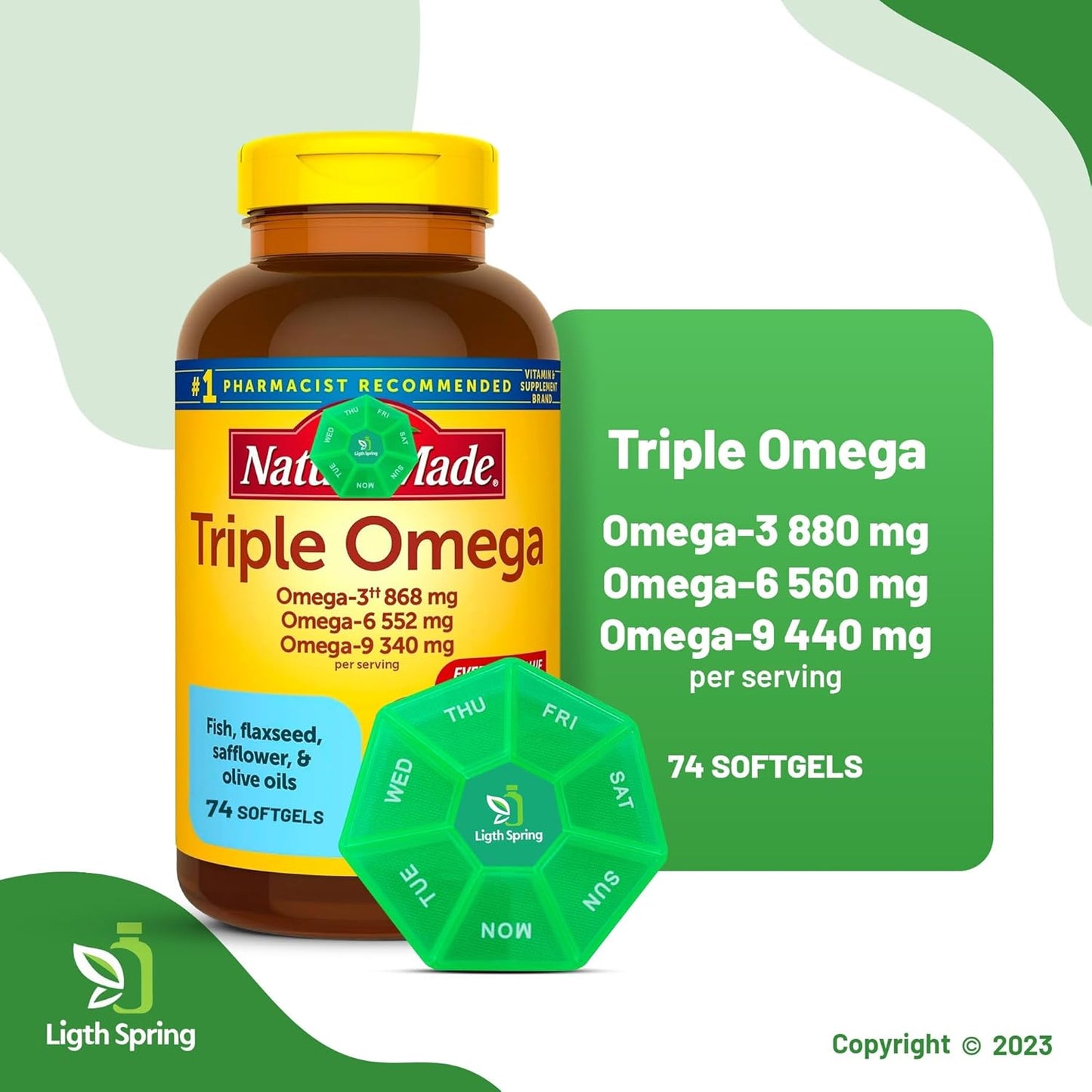 Bundle: LightSpring Triple Omega 3-6-9 Softgels 74ct (2 Pack) with A to Z Vitamins & Minerals, Better Guide, Pill Organizer